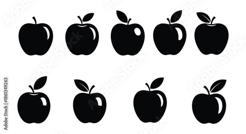 A collection of simple black apple silhouettes arranged in a grid pattern