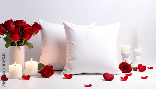 Two White Square Cushions with Red Roses and Candles for Valentines Day Keywords: cushion, pillow, white, square, red