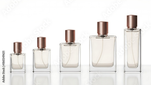Elegant Fragrance Bottles Display A curated collection of perfume bottles showcasing varying sizes and modern design The pristine arrangement evokes luxury and sophistication.
