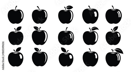 A collection of simple black apple silhouettes arranged in a grid pattern