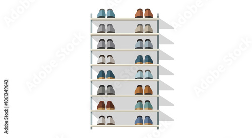 A meticulously organized vertical shoe storage unit presents a diverse collection of everyday footwear pairs, neatly arranged on multiple shelves in