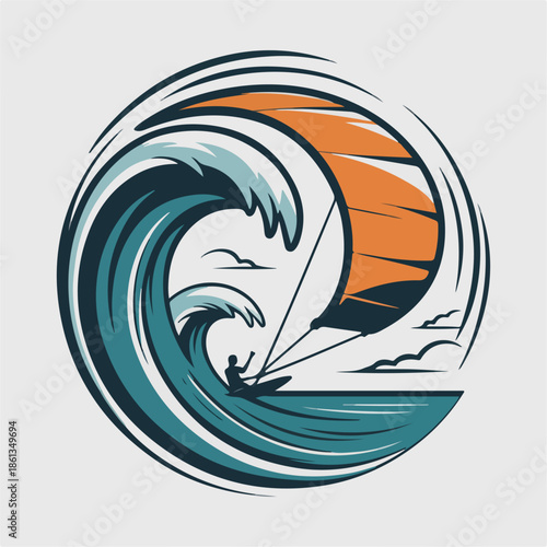 Kitesurfer riding giant curl inside circular crest, dynamic wind and wave adventure illustration; extreme water sports vector logo for coastal brands and schools