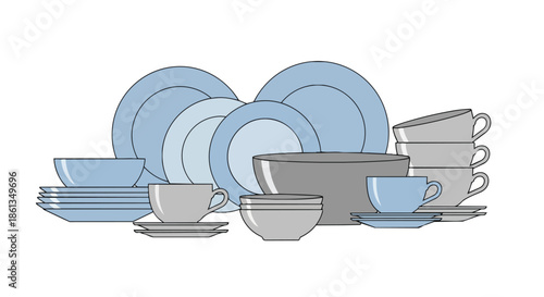 An assortment of essential kitchen tableware including plates, bowls, cups, and saucers, presented in a clean and modern minimalist illustration