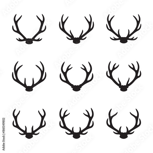 Set of deer antler silhouettes in various shapes and sizes