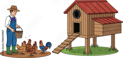 Farmer feeding chickens on rural farm, wooden chicken coop with red roof, rooster and hens on green grass, agriculture lifestyle