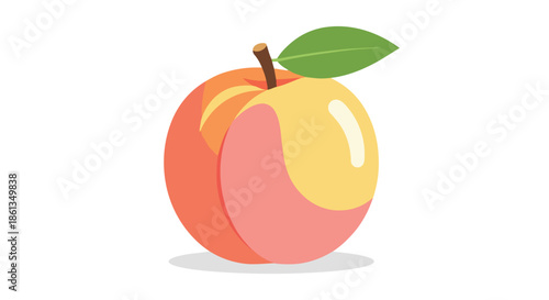 Stylized digital drawing of a fresh, colorful peach with a vibrant leaf and sturdy stem
