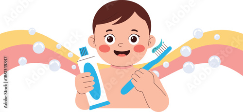 Smiling child with toothbrush and toothpaste, colorful hygiene background, dental care, oral health, cartoon illustration, kids hygiene