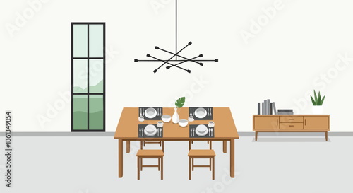 Contemporary minimalist dining area design featuring elegant table settings and a unique modern light fixture