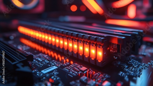 A modern DDR5 RAM module is showcased in a sleek computer build. The design emphasizes high performance with vibrant red and blue lighting, highlighting its advanced technology and component chaos.