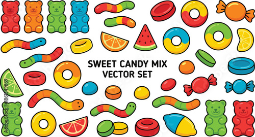 Sweet candy mix vector set, cartoon gummy bears, fruit slices, lollipops, colorful treats, playful snack design for kids