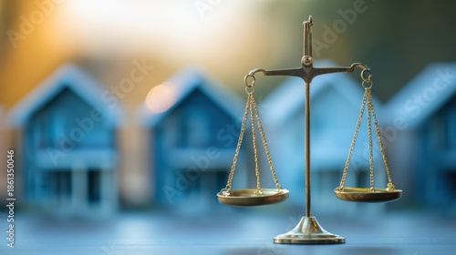 Housing Legal Protection With Scales of Justice and Homes in the Background Showing the Importance of Law in Housing Matters at Dusk