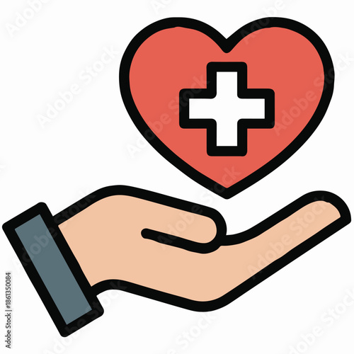 healthcare hand holding heart with cross medical aid emblem