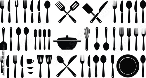 Black silhouettes depict a collection of kitchen utensils and tools