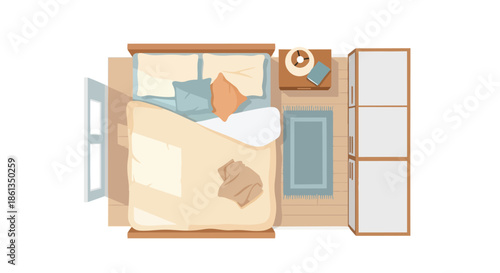 A serene top-down perspective of a minimalist bedroom interior, featuring a cozy bed, clean bedding, a bedside table, window, rug, and modern