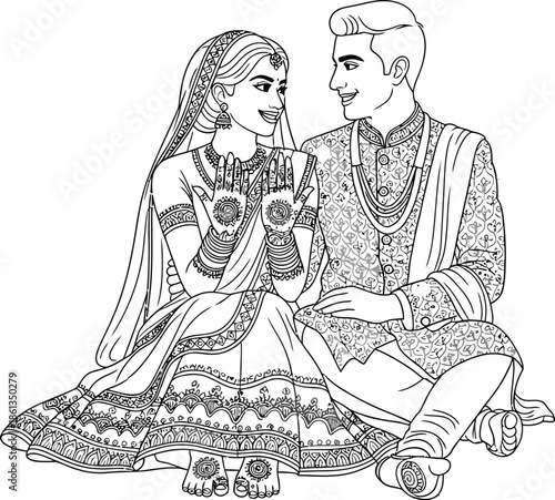 Beautiful black and white line art coloring page featuring a smiling Indian bride with mehndi and a handsome groom seated together lovingly.