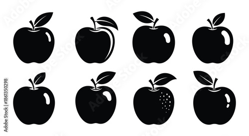 A collection of simple black apple silhouettes arranged in a grid pattern