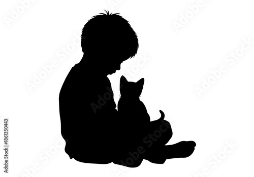 Touching silhouette illustration of a young child gently interacting with their beloved kitten, symbolizing a heartwarming bond and early companionship