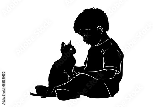 Black silhouette graphic depicting a young boy and his cat in a tender, quiet moment, symbolizing the pure, loving bond between a child and their animal companion