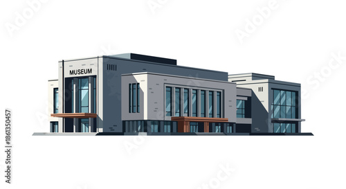 Modern museum building vector illustration contemporary architecture glass facade entrance isolated white background cultural landmark sleek design