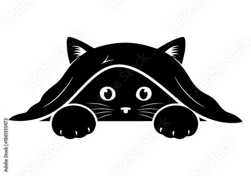 Charming minimalist black cat icon peeking playfully from its cozy hiding spot, an adorable vector graphic ready for various creative design projects and pet-themed content
