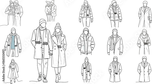 Collection of stylized line art drawings showcasing various individuals wearing fashionable winter coats and cold weather accessories for design concepts.