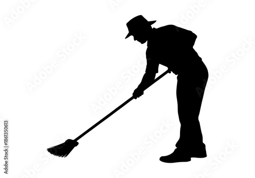 Vector graphic depiction of a person in a hat engaged in sweeping, illustrating general maintenance and hygiene tasks with diligent effort and an emphasis on cleanliness