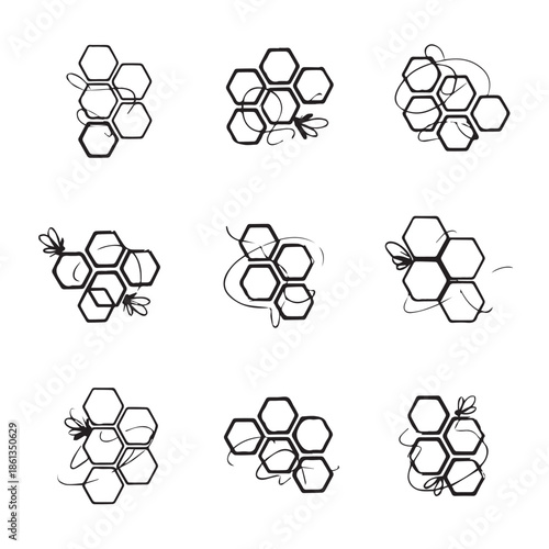 Set of bee and honeycomb illustrations with dynamic insect movements