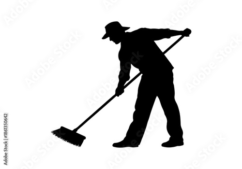 Sharp black vector graphic silhouette illustrating a diligent worker sweeping a floor with a broom, symbolizing essential cleaning and maintenance tasks for various design uses