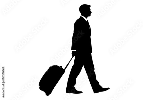 Professional businessman in suit pulling a suitcase, a crisp vector silhouette representing corporate travel, executive mobility, and onward journeys for modern business ventures