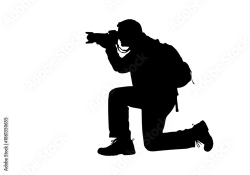 Professional photographer silhouette illustration, capturing moments with a digital camera while kneeling, a versatile vector graphic for various design projects