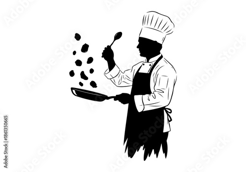 Dynamic illustration of a skilled professional chef preparing a delicious meal, expertly tossing ingredients in a frying pan with a spoon, capturing the art of culinary creation
