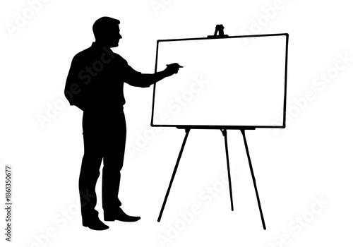 Professional man silhouette vector illustration presenting or explaining on whiteboard easel, ideal for business and education concepts