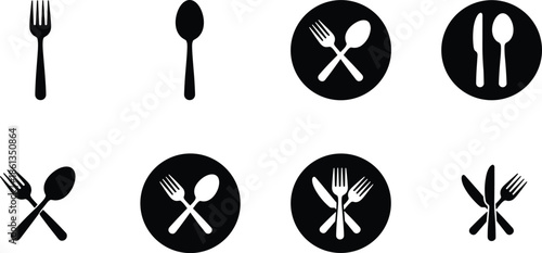 Solid Black and White Vector Icon Set Featuring Forks Spoons and Knives in Circular and Crossed Arrangements