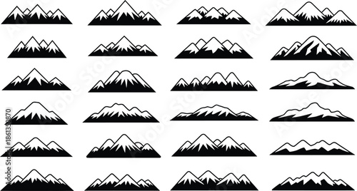 Collection of diverse mountain silhouettes in black and white styles