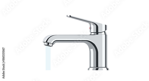 Modern chrome water tap with a steady stream of flowing fresh water, isolated on a clean white background.