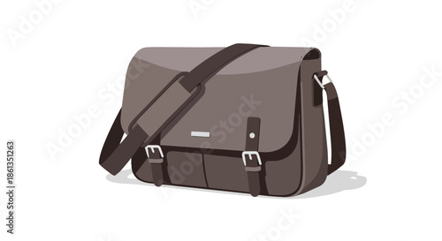 A versatile and stylish flat illustration of a classic brown messenger bag featuring an adjustable shoulder strap and prominent buckle closures,
