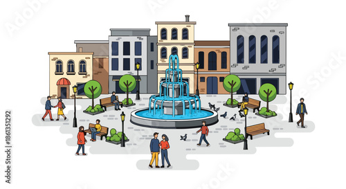A vibrant flat illustration of a lively public square, featuring a beautiful tiered water fountain, diverse people, benches, trees, city buildings.