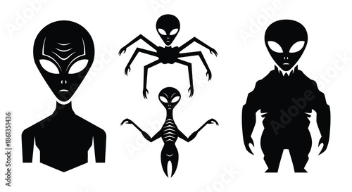 A collection of stylized black silhouette alien figures in various poses