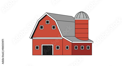 Stylized red barn and silo illustration, depicting rural farm life and traditional architecture