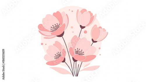 A beautiful bouquet of pink flowers on a soft light pink background with elegant floral design elements and