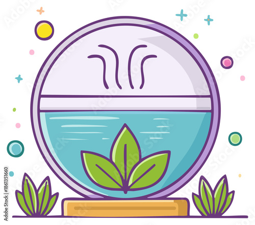 Abstract illustration of a modern diffuser with plants and water emitting vapor