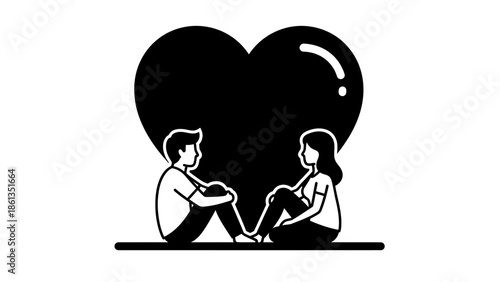 Solid black heart silhouette backdrop with man and woman sitting on ground facing forward