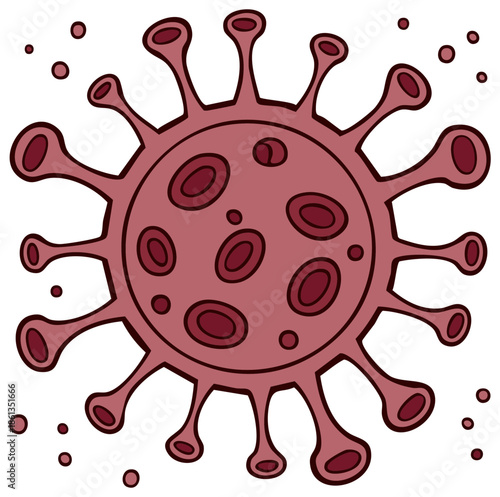 Cartoon representation of a virus with crown like spikes and circular core cells.