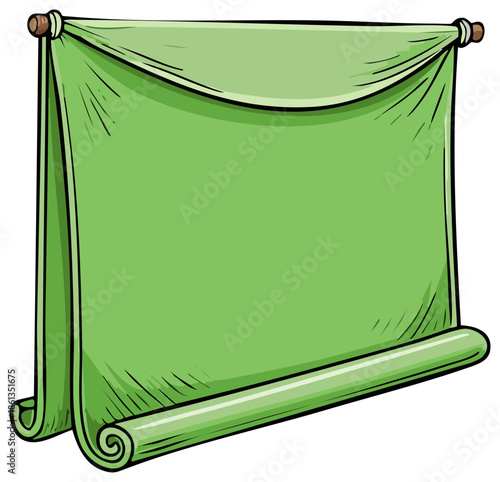 Empty green rolled banner for advertising message on wooden rod hand drawn