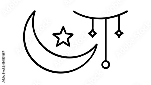 Minimalist vector icon of a crescent moon with a hanging star, clean line art, Islamic celestial symbol