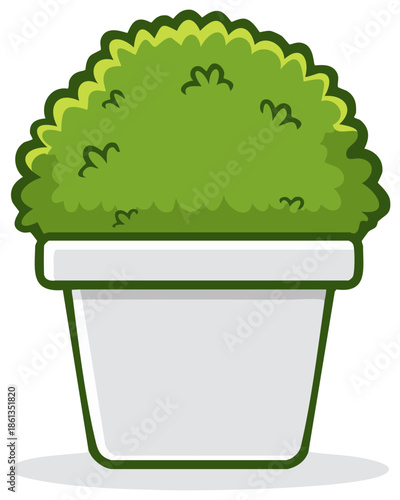 Stylized Green Bush in a White Pot with a Green Border on a White Background