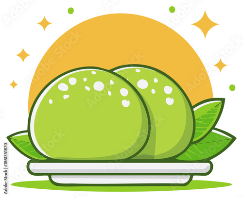 Traditional Japanese green mochi dessert illustration on a plate with fresh leaves and stars
