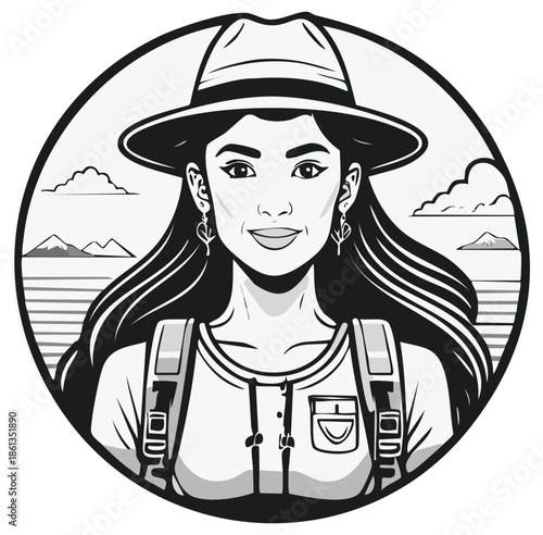 Smiling woman adventurer with a backpack and hat in a circular black and white vector illustration