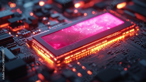An artistic rendering showcases an NVMe SSD with glowing elements, its vibrant pink and orange hues illuminating the intricate details of the surrounding circuitry in an abstract and modern style.