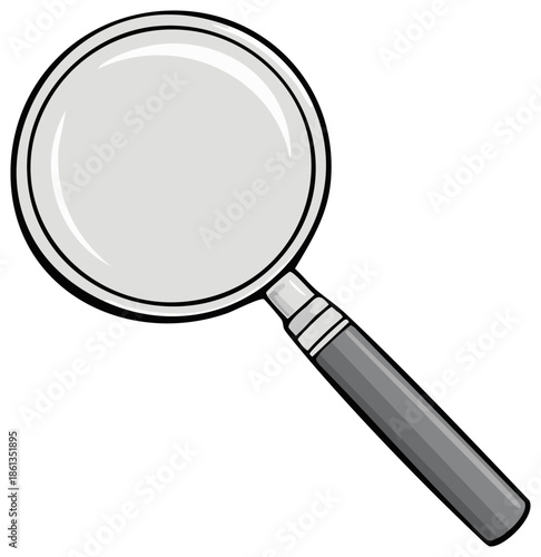 Cartoon illustration of magnifying glass with a gray handle, used for searching and studying.